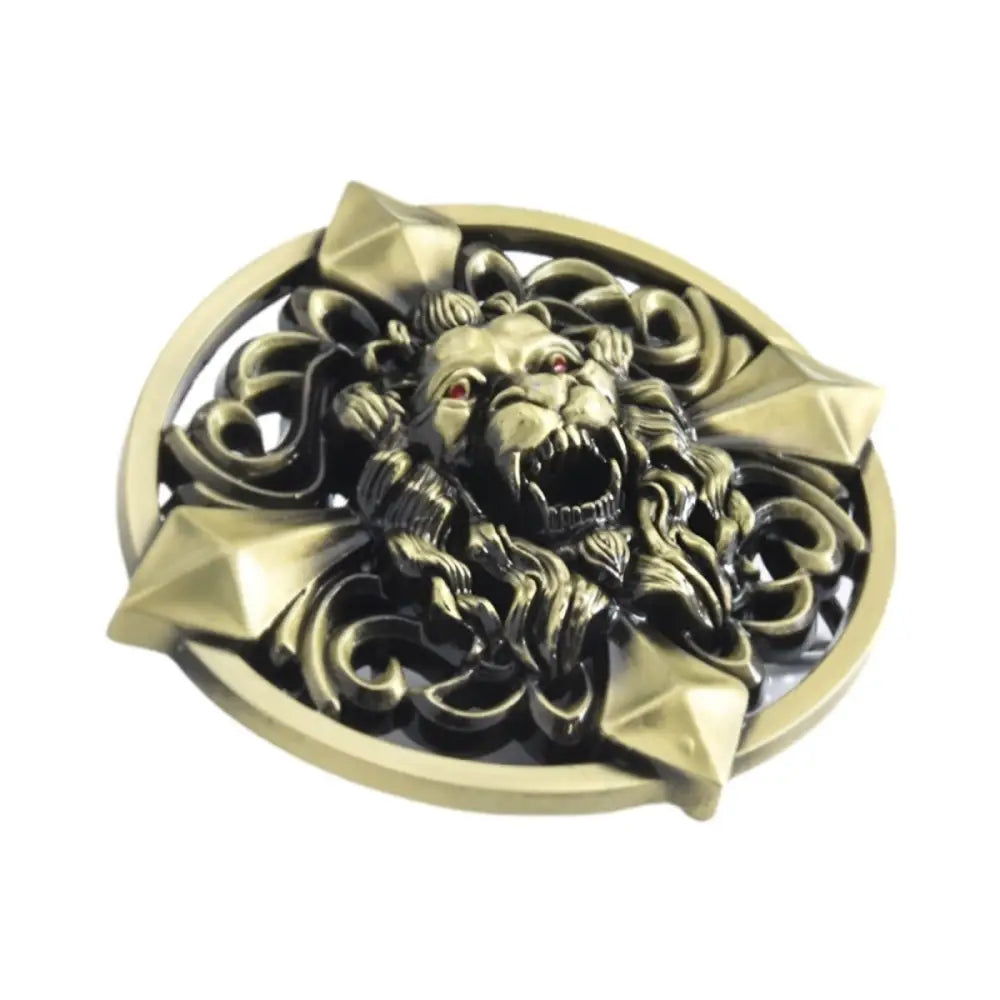 Ornate silver lion head belt buckle with emblem for elegant style and fashion statement
