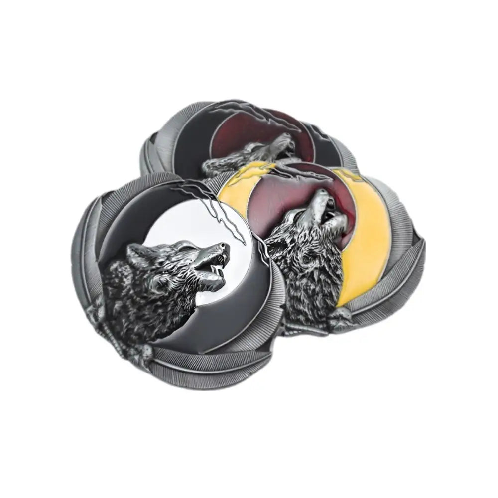 Wolf-themed medallions displayed on the Wolf Howling at the Moon Belt Buckle product