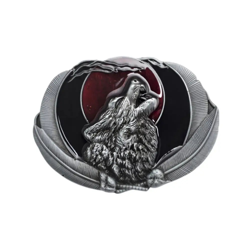 Wolf-themed belt buckle featuring a howling wolf design for Western fashion enthusiasts