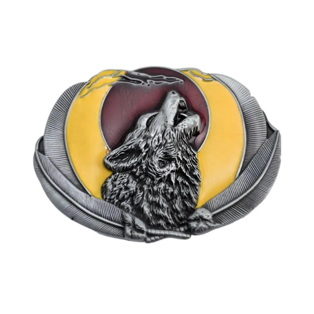 Wolf and moon belt buckle with a wolf howling at the moon design for Western accessories