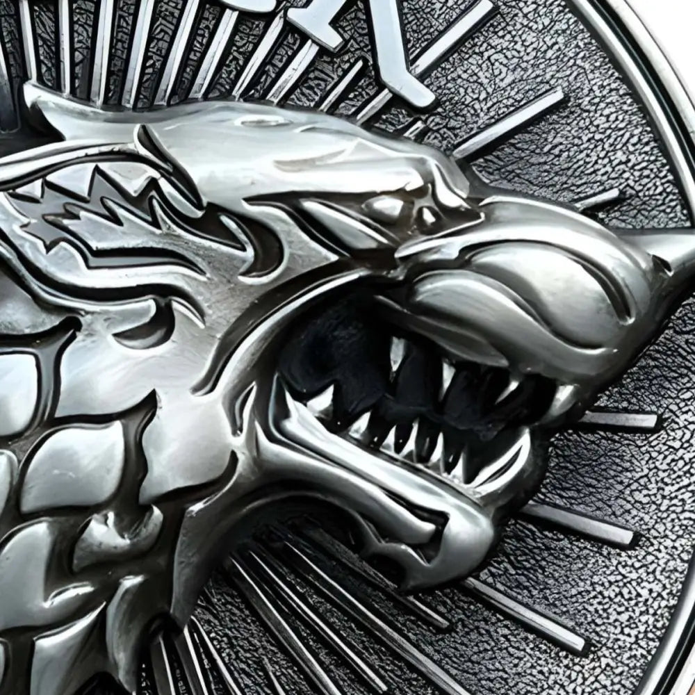 Silver wolf head belt buckle with Stark sigil for animal belts and stylish accessories