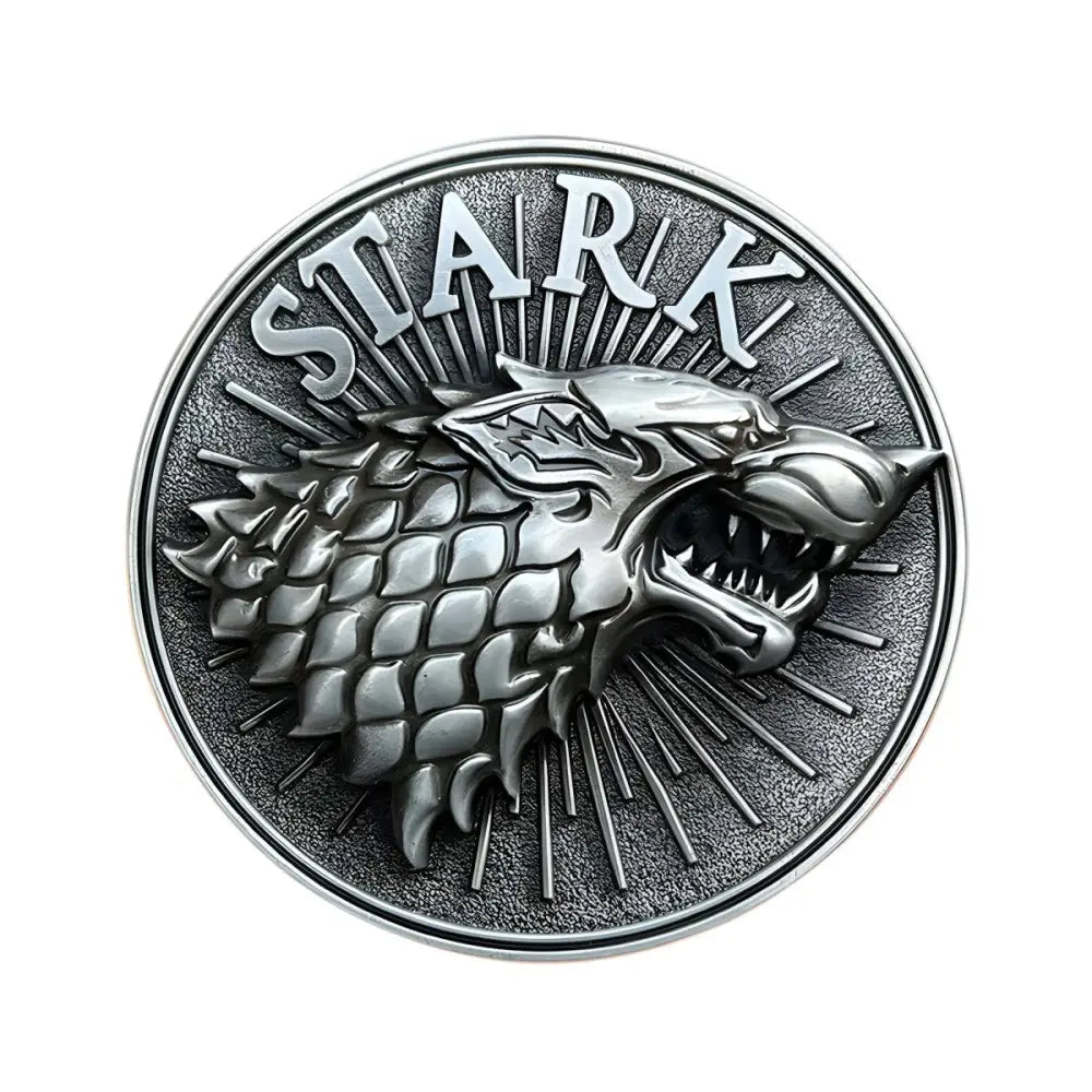 Silver Stark direwolf emblem belt buckle for animal belts and stylish accessories
