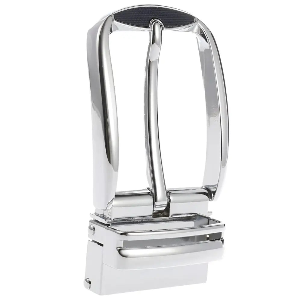 Shiny silver belt buckle featuring Neal Model Pin for stylish model pin belt accessories