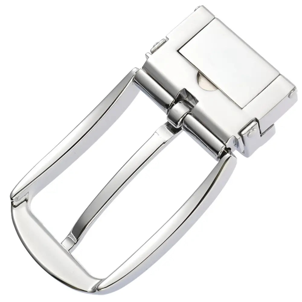 Polished metal belt buckle featuring Neal Model Pin for stylish model pin belt accessories