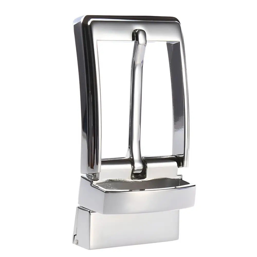 Shiny silver metal belt buckle with polished finish for accessory enhancement