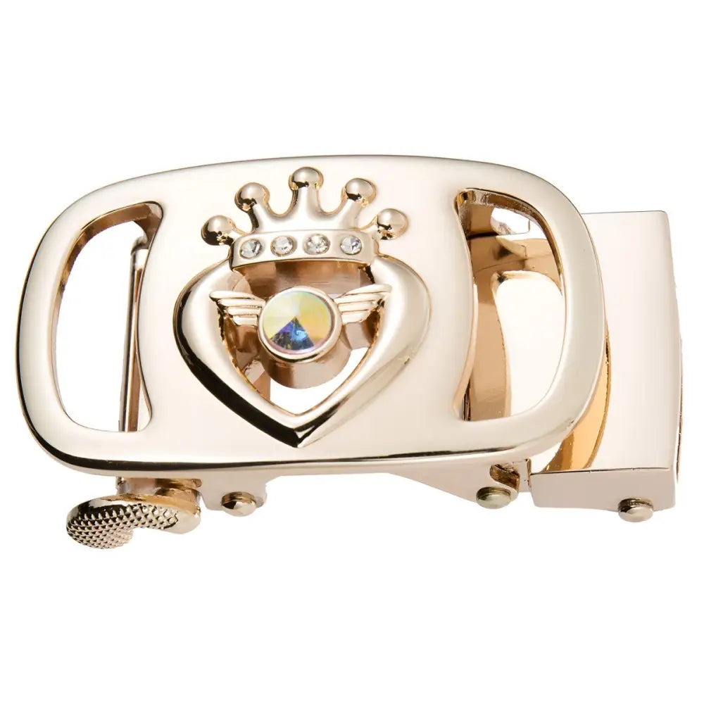 Gold-toned regalia automatic buckle with crown and heart design for regal accessories
