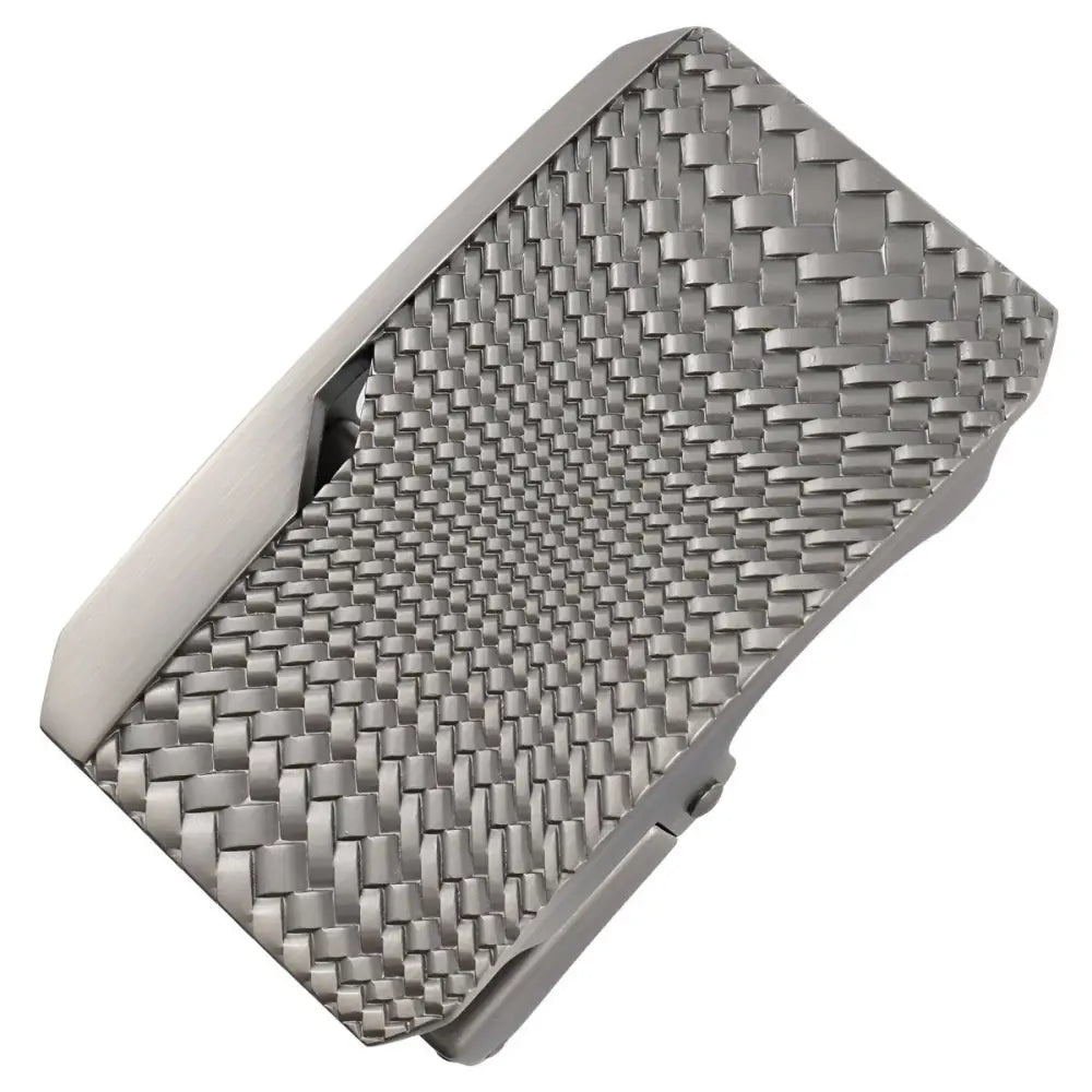 Silver-toned woven-pattern belt buckle for Mitchell belt collection, suitable for men and women