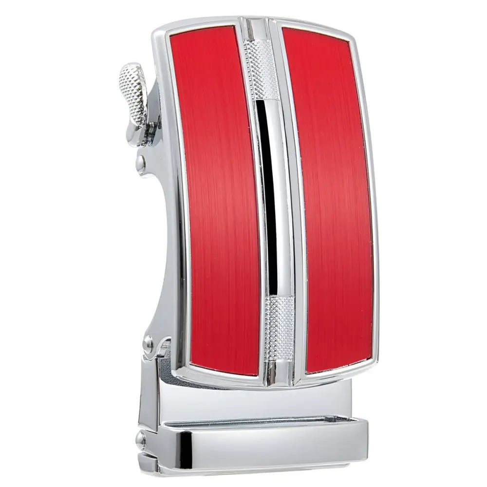 Red and silver belt buckle in chrome and black finish for a stylish accessory