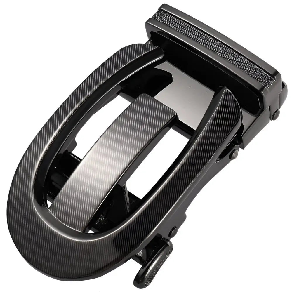Black metal belt buckle featuring Leon Automatic Closure for secure wear