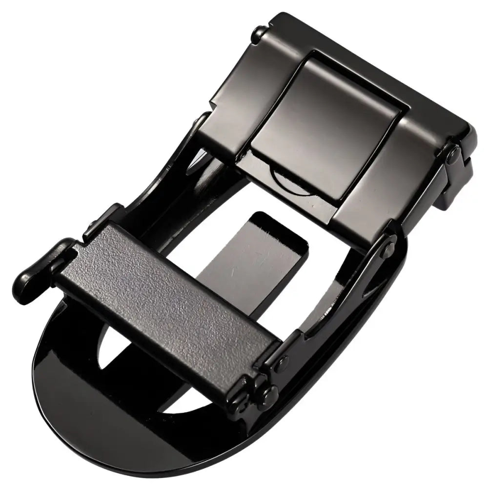Black metal belt buckle with Leon Automatic Closure featuring an automatic buckle design