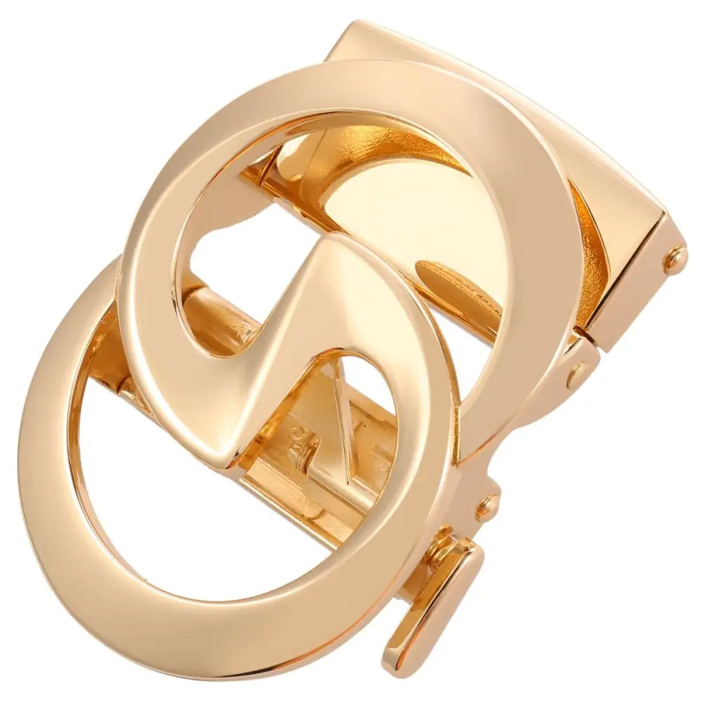 Gold-colored belt buckle with interlocking circular and triangular shapes for an Indy belt