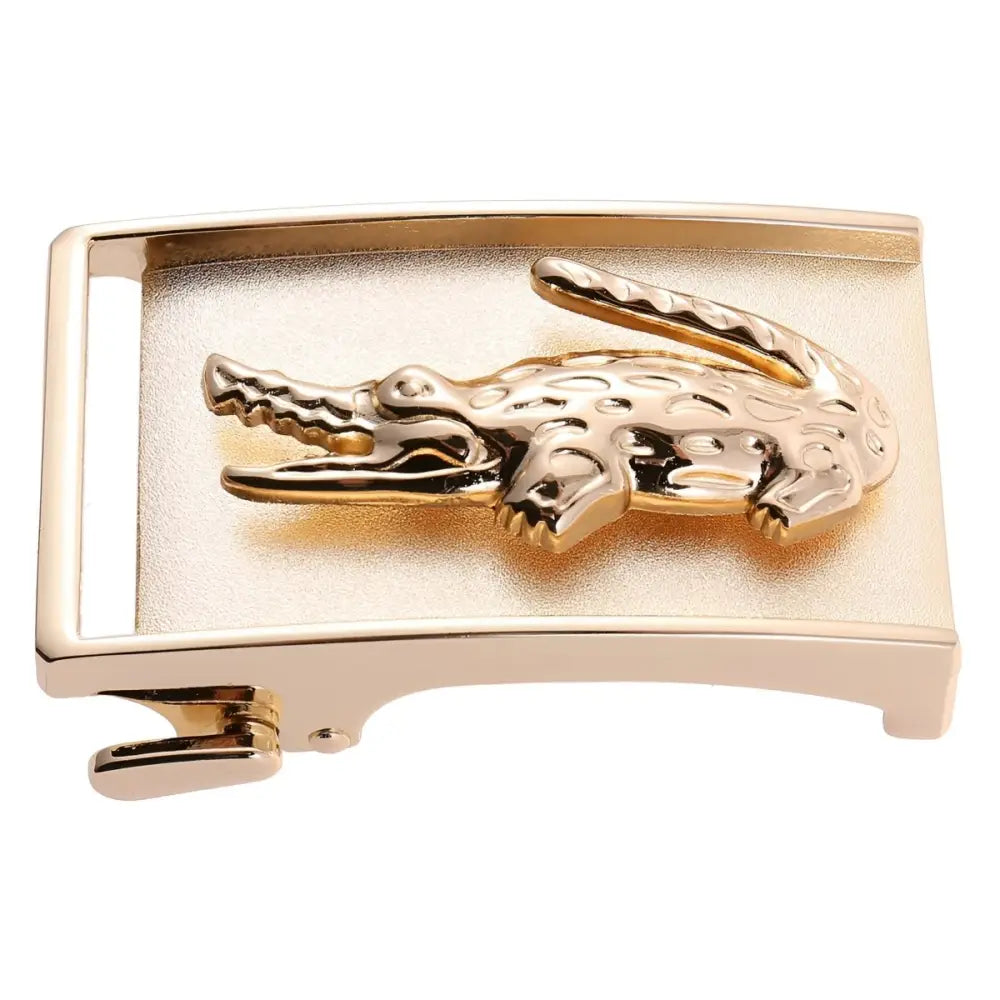 Gold-toned belt buckle with crocodile emblem for Black Crocodile Design Metal Belt Buckle for Men