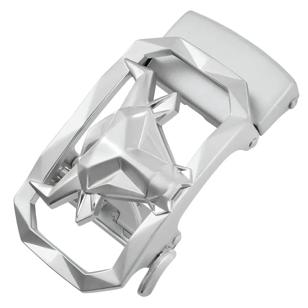 Silver bull-shaped belt buckle with gunmetal finish and geometric star design
