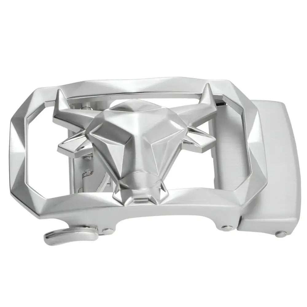 Silver bull belt buckle from Gunmetal Belt Buckle with Geometric Star and Bull Design