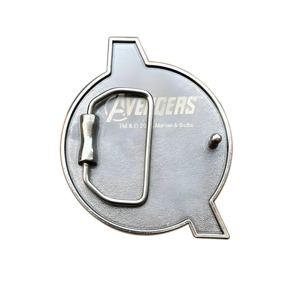 Silver Avengers logo pin on belt buckle for Marvel fans, a must-have accessory
