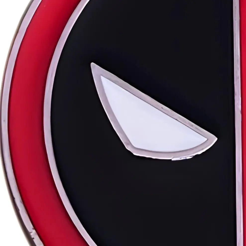 Close-up of Deadpool mask detail on Deadpool Logo Pin for cinema belt buckle accessory