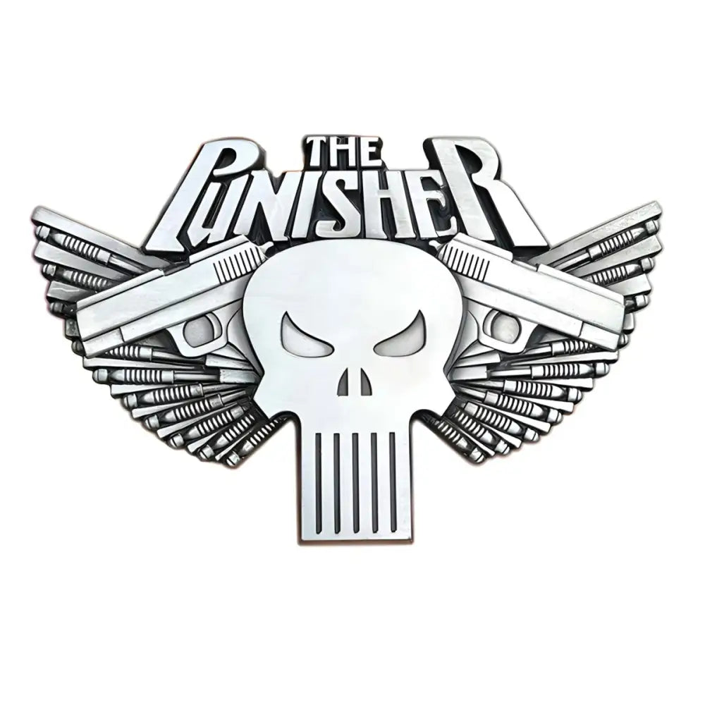Silver Punisher Skull cinema belt buckle with guns and bullets for a bold fashion statement