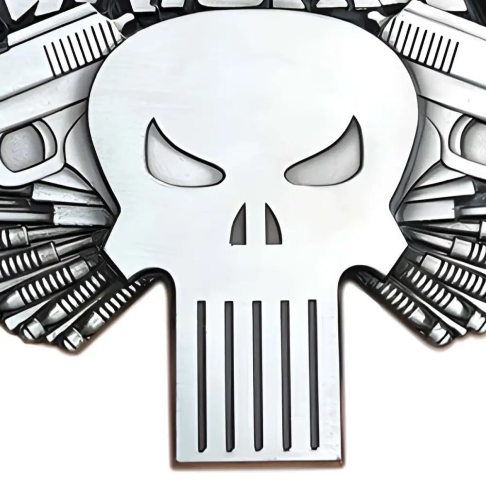 Silver Punisher Skull cinema belt buckle with guns and bullets, stylish belt accessory
