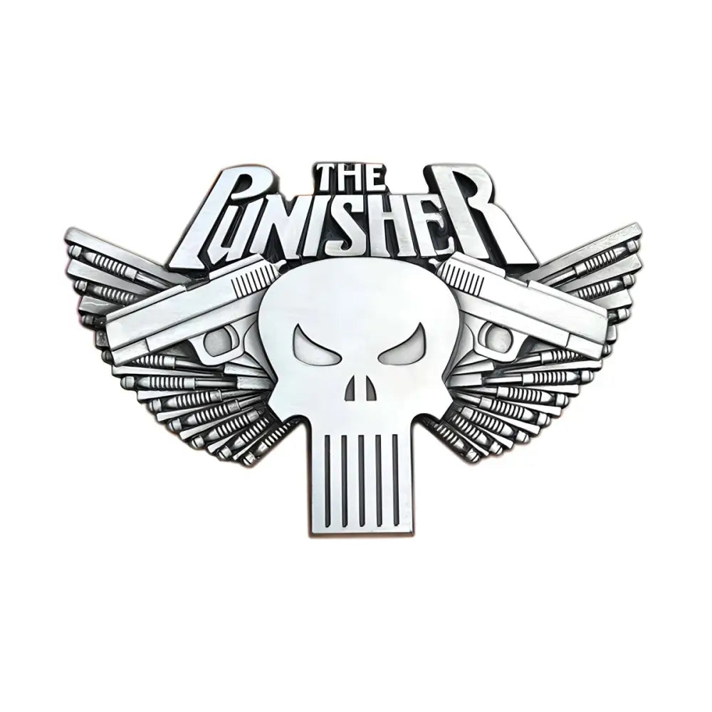 Silver Punisher Skull cinema belt buckle featuring guns and bullets for stylish wear