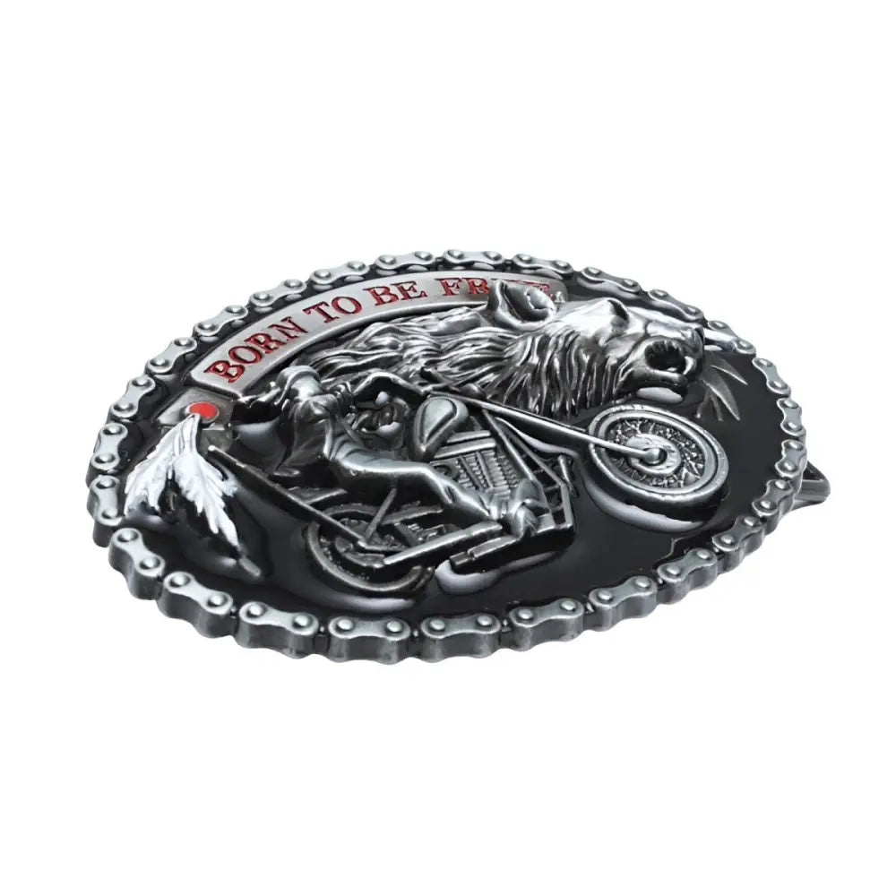Oval belt buckle featuring a lion and motorcycle design for bold style accessories