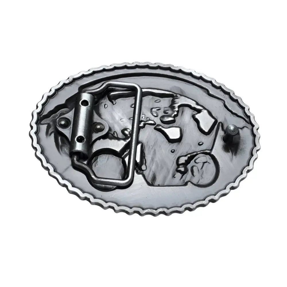 Silver-colored metal belt buckle featuring an oval shape with Lion Motorcycle and bold design
