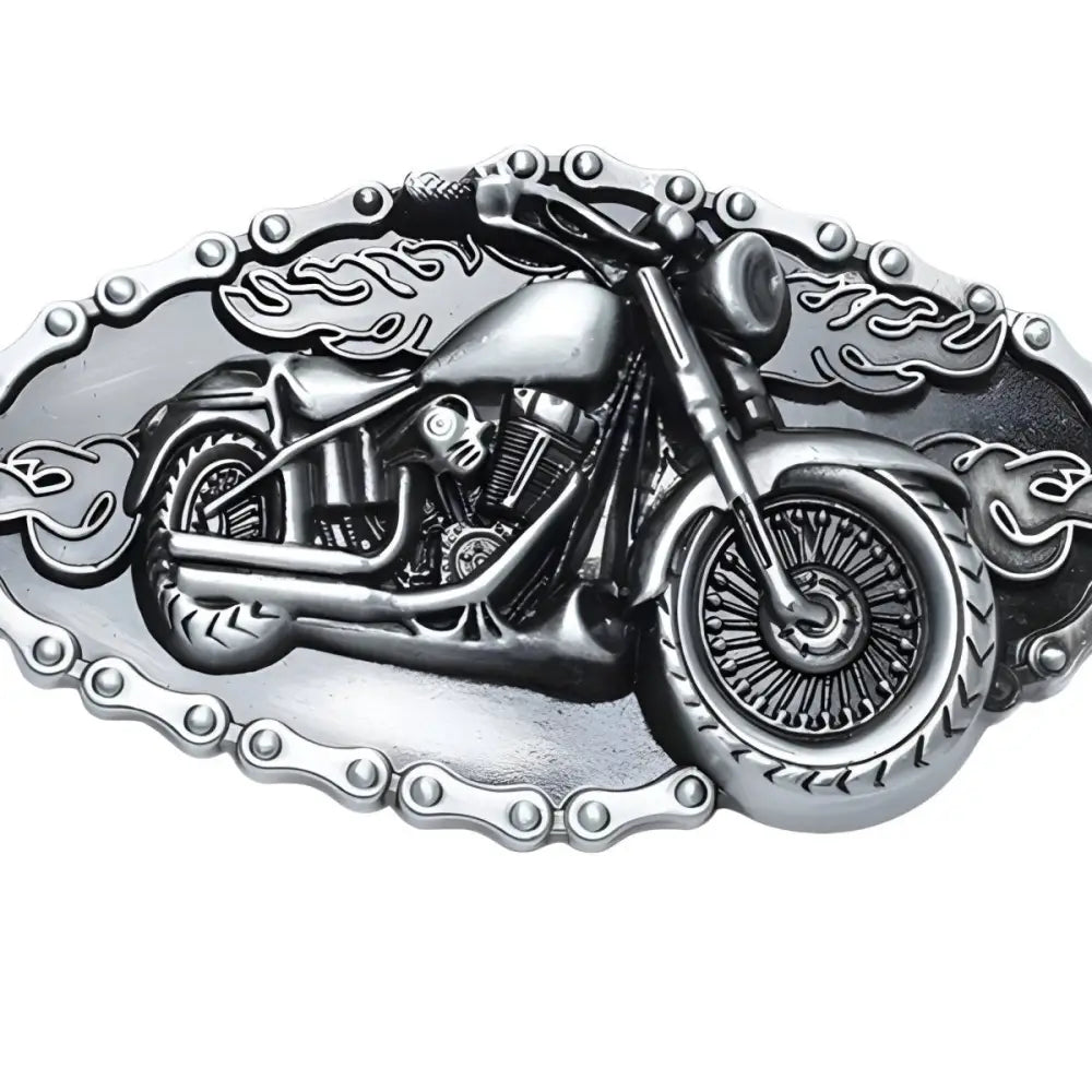 Silver motorcycle belt buckle featuring flames design, perfect for motorcycle enthusiasts