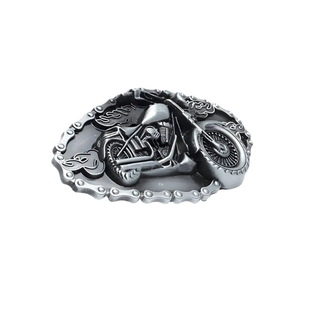 Silver motorcycle belt buckle with flames design, perfect for riding enthusiasts