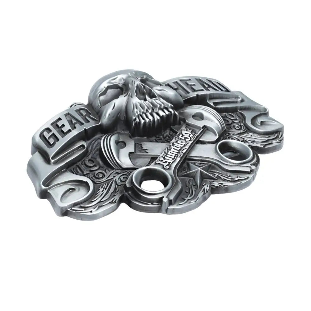 Silver Skull and Piston Gear Head Belt Buckle for a stylish gear head belt accessory