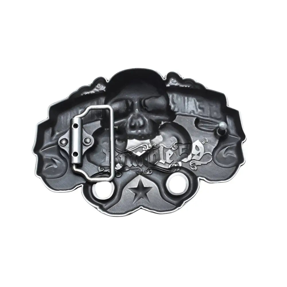 Silver Skull and Piston Gear Head Belt Buckle featuring a skull-themed gear head design