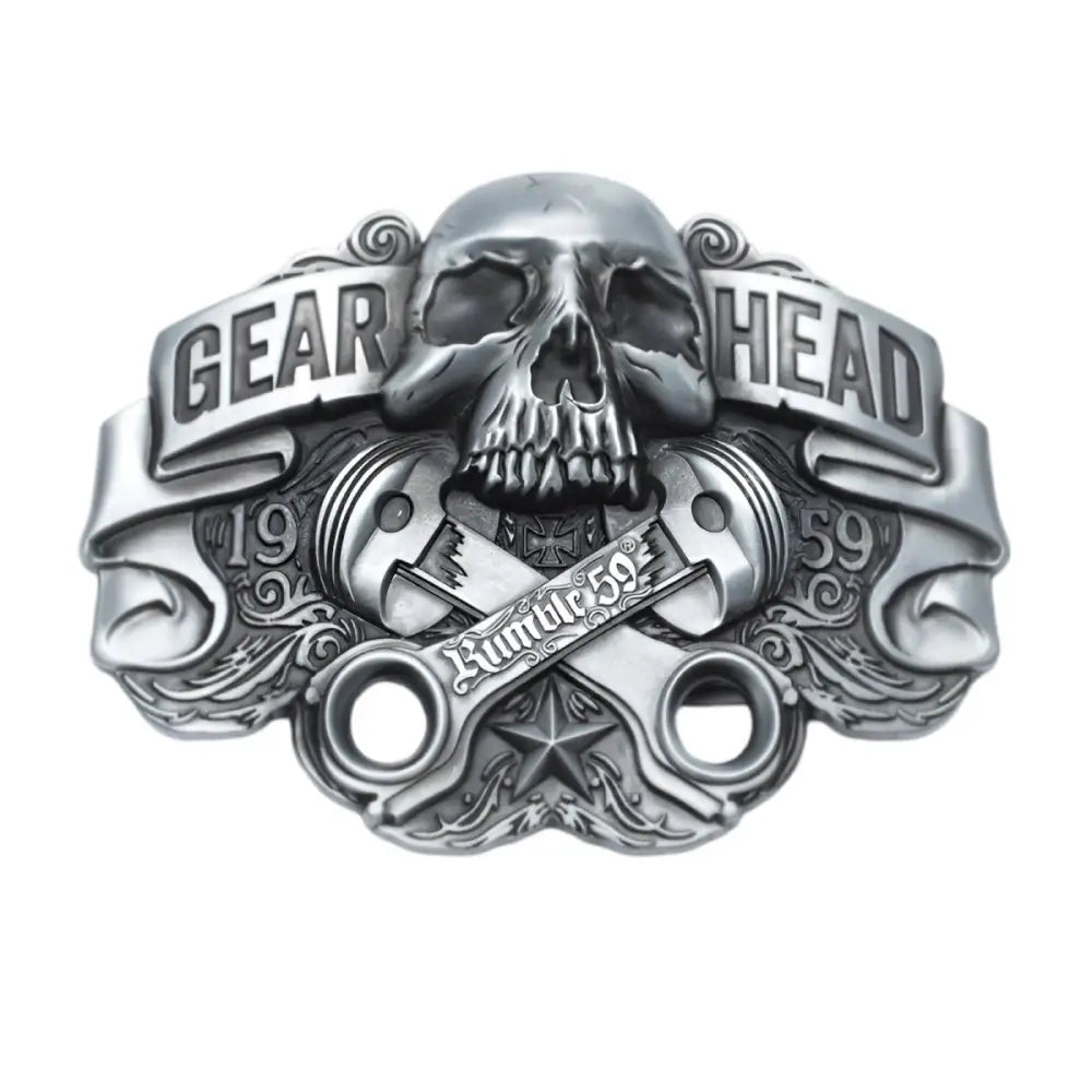 Silver Skull and Piston Gear Head Belt Buckle showcasing a gear head belt design