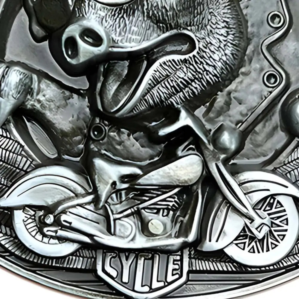 Silver hog wild motorcycle belt buckle featuring a pig on a bike for hog wild moto enthusiasts