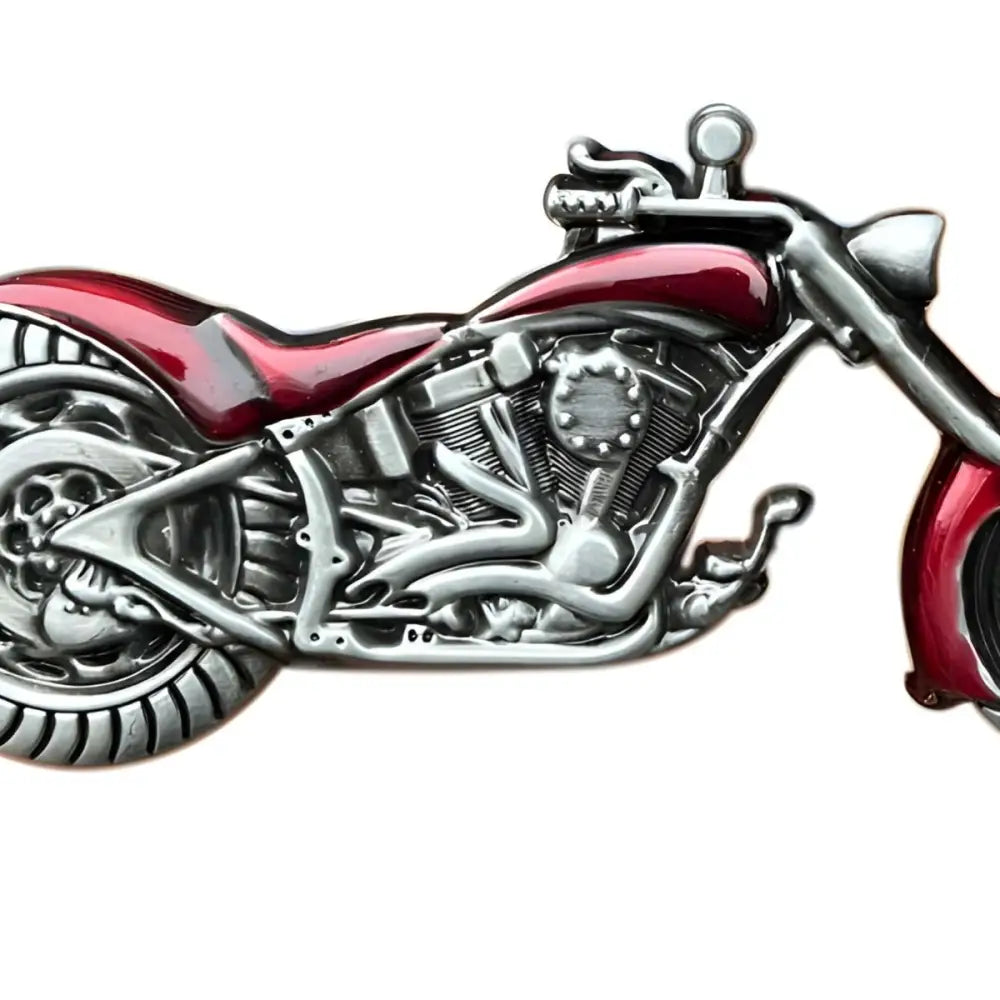Red and silver motorcycle belt buckle featuring ceinture moto design with blue accents