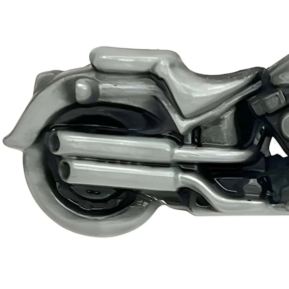 Gray motorcycle rear image showcasing the Silver Motorcycle Belt Buckle Figurine Model for Collectors