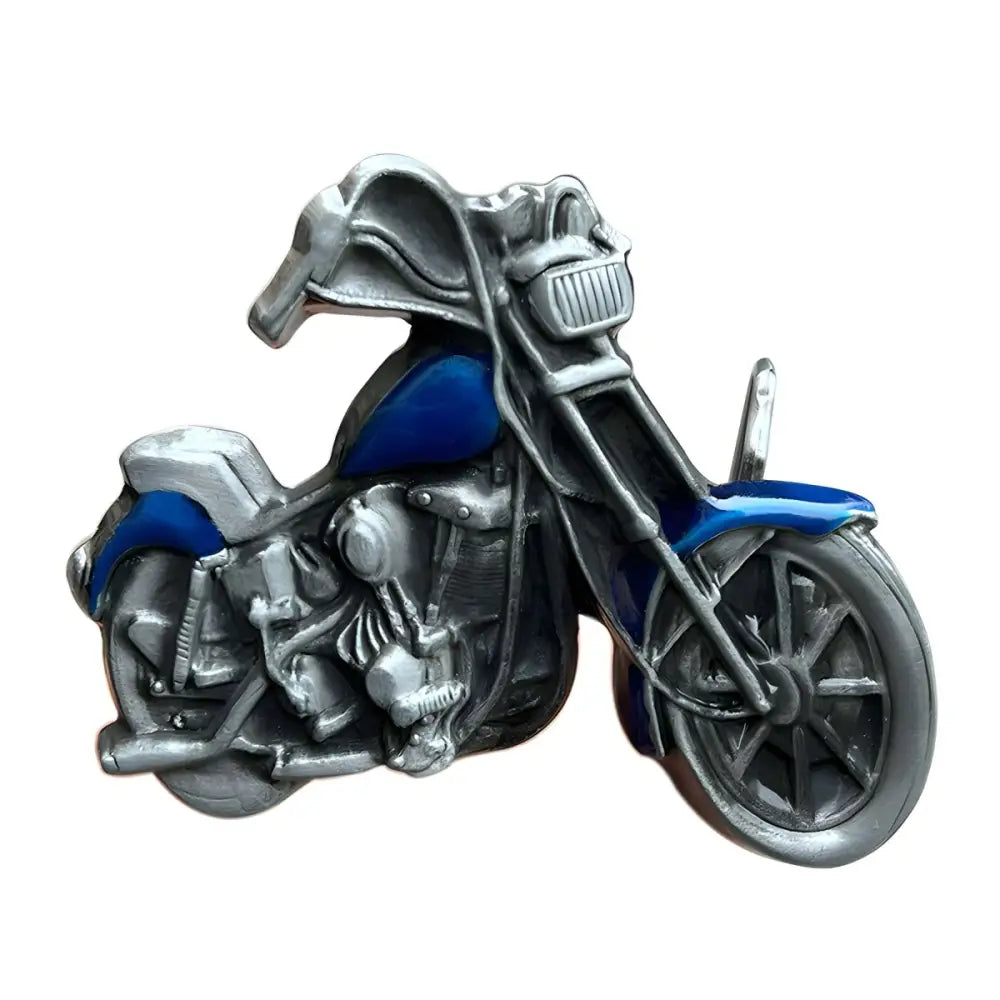 Blue and silver motorcycle figurine featuring Ruben belt buckle design