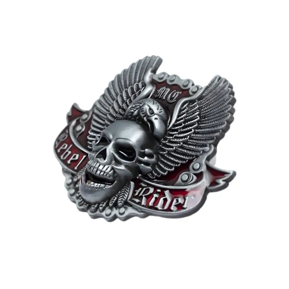 Silver skull and eagle emblem on rebel rider belt buckle for rider enthusiasts
