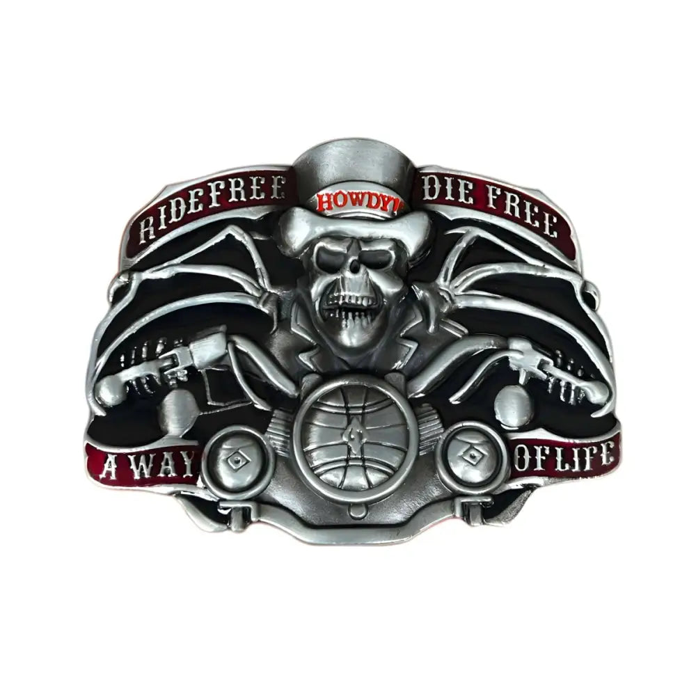 Silver Skull Motorcycle Belt Buckle featuring a Ride Free Die Free style design