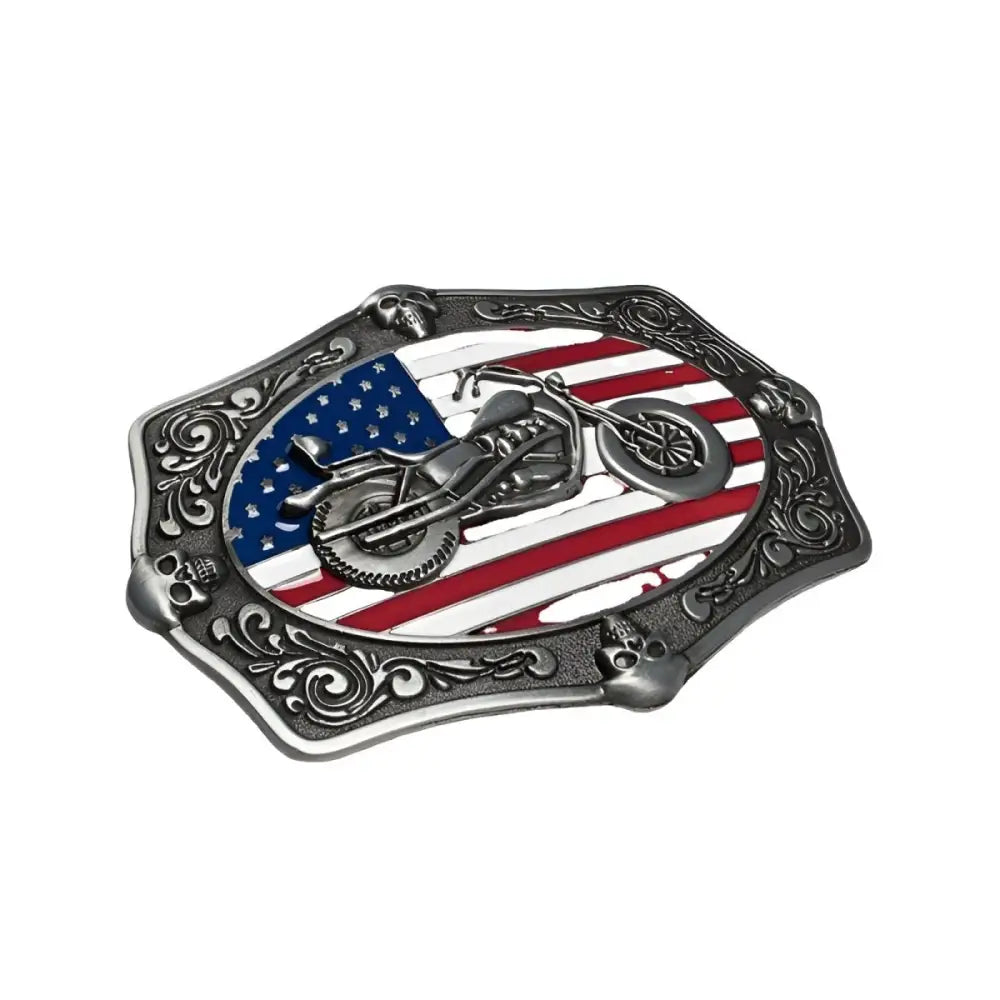 Motorcycle belt buckle featuring the American flag for stylish riding accessories