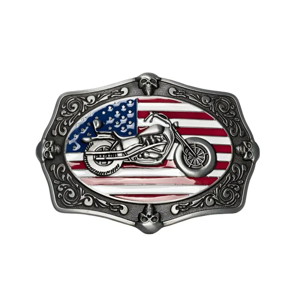 American flag motorcycle belt buckle showcasing patriotic design for stylish riding accessories