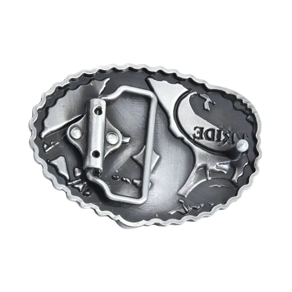 Silver Motorcycle Belt Buckle featuring a woman and wild ride theme for style and durability