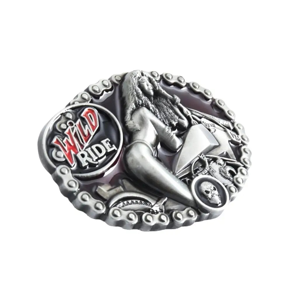 Silver belt buckle with a woman motorcycle and wild ride theme perfect for bikers