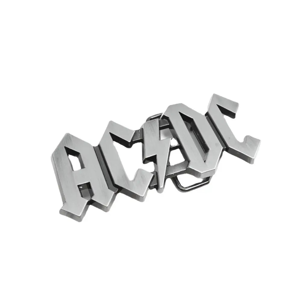 Silver AC/DC belt buckle for metal and rock music fans showing detailed design