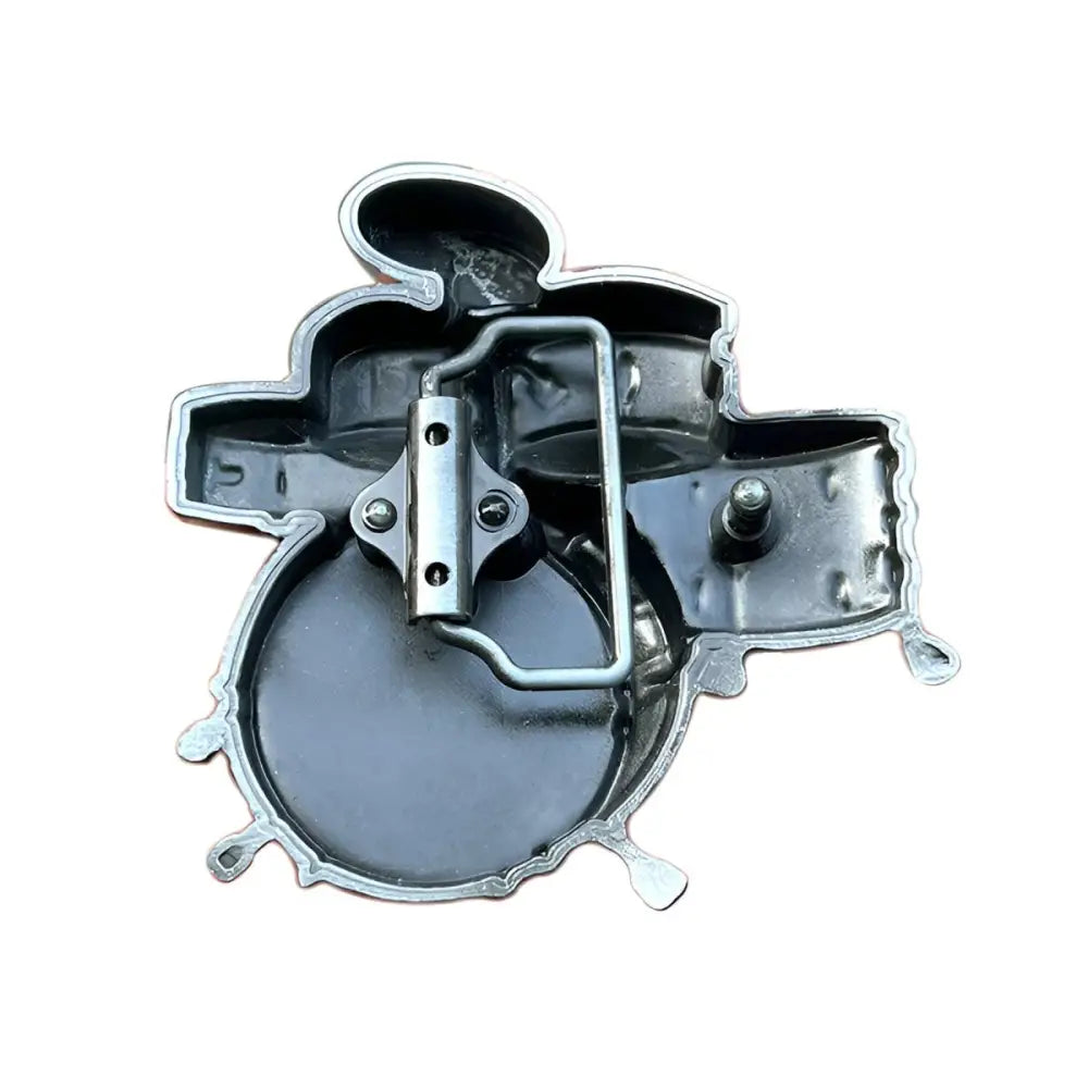 Miniature drum-shaped belt buckle displayed on a maroon and silver drum set belt buckle