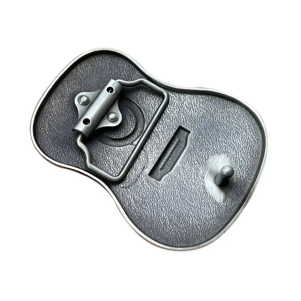 Guitar-shaped belt buckle with silver trim for music enthusiasts and fashion accessories