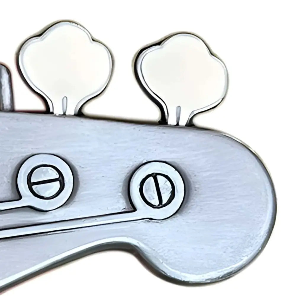Silver Guitar Headstock Belt Buckle for Bass and Electric Guitar Fans featuring bass guitar headstock design