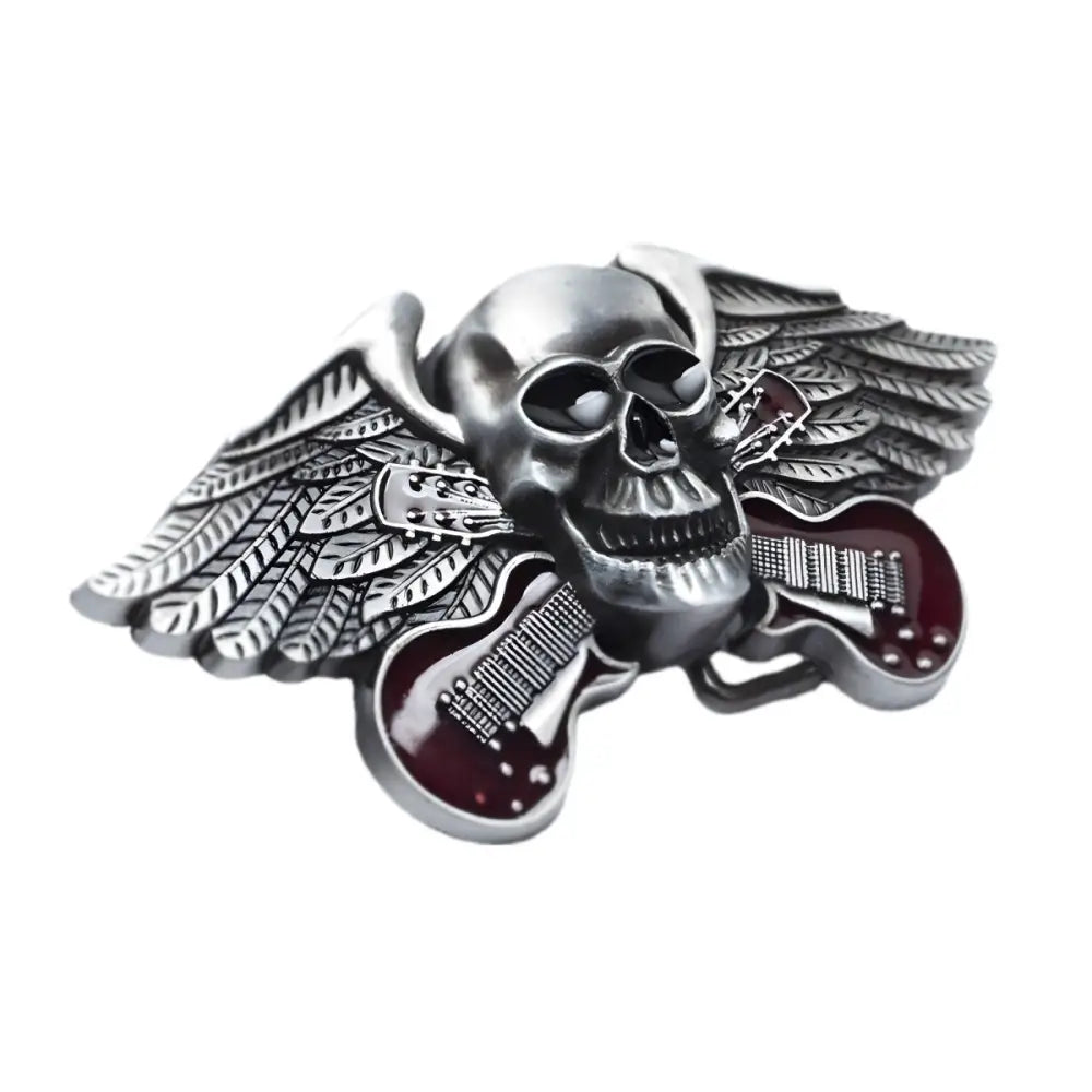 Silver Skull Belt Buckle with Wings and Guitars, a bold statement piece for rock music fans