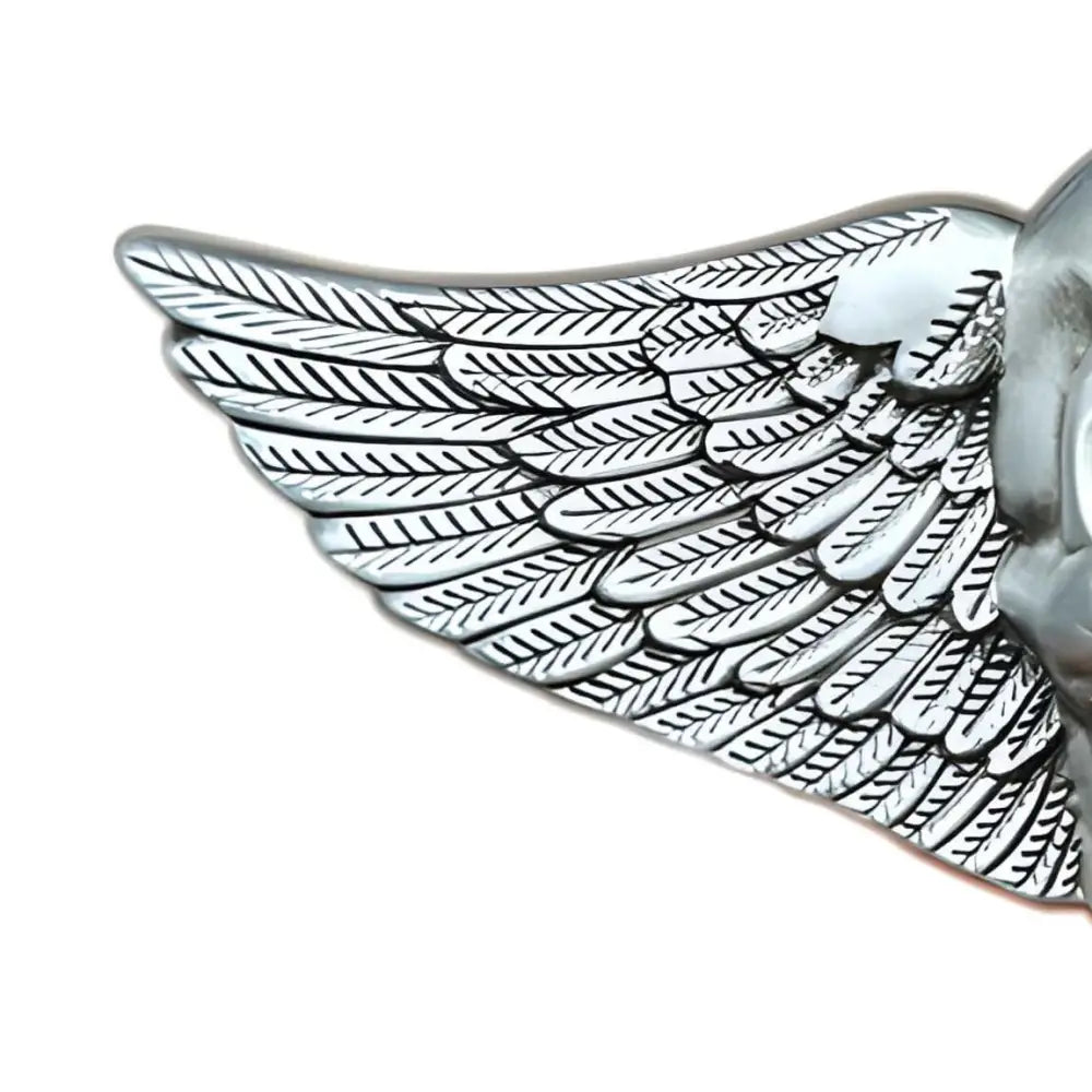 Silver angel wing belt buckle with skull design and red eyes for a stylish accessory