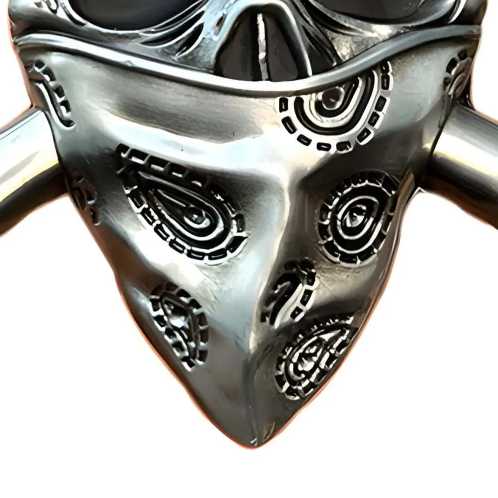 Silver skull belt buckle with detailed bandana and red gem for stylish waist accessories