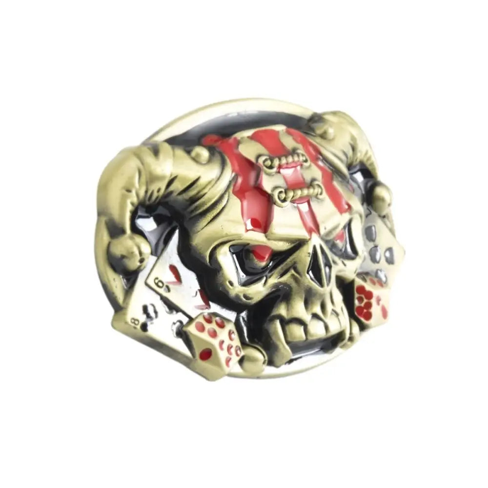Murphy skull belt with jester skull belt buckle featuring playing cards and dice design