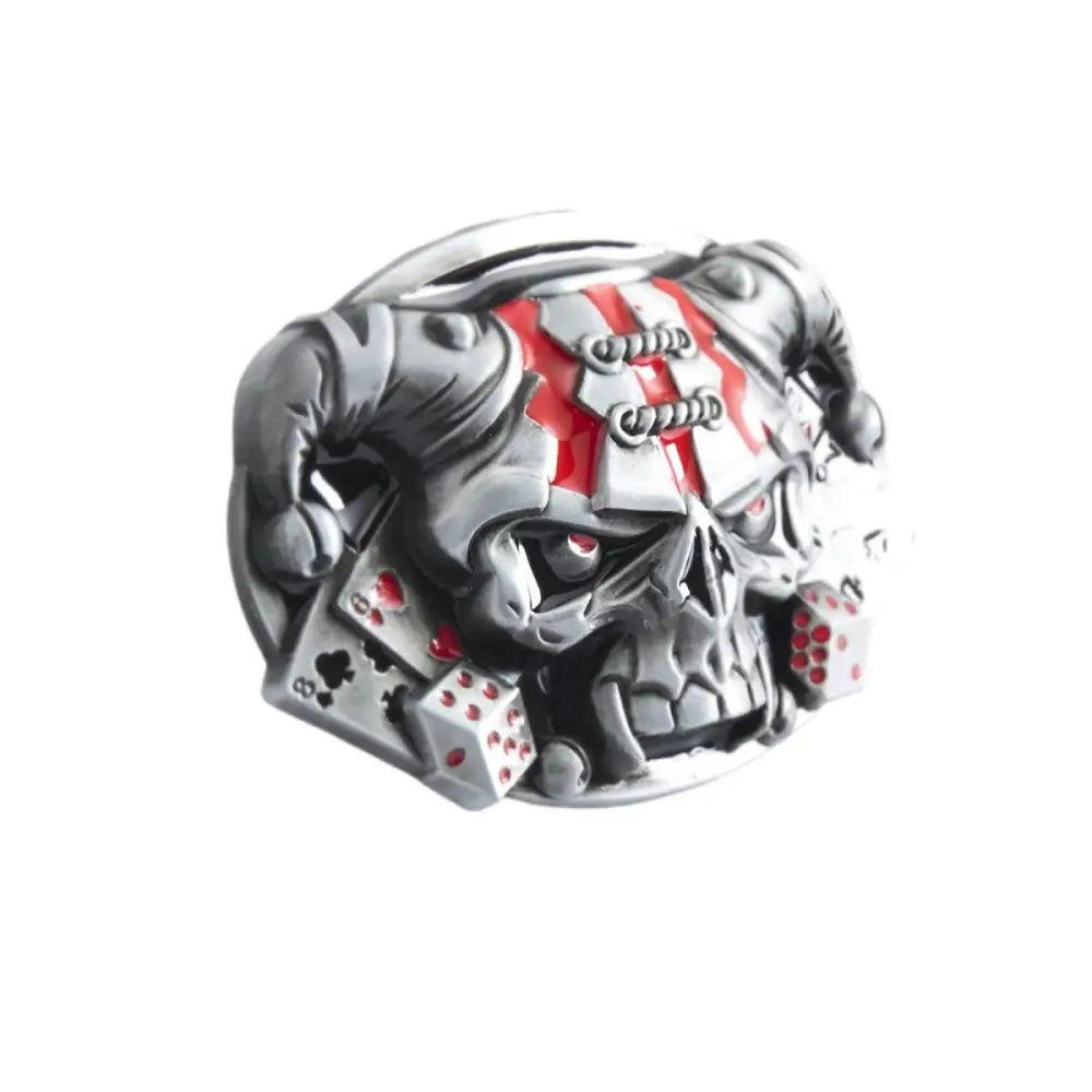 Murphy Skull Belt featuring a detailed skull jester belt buckle with playing cards