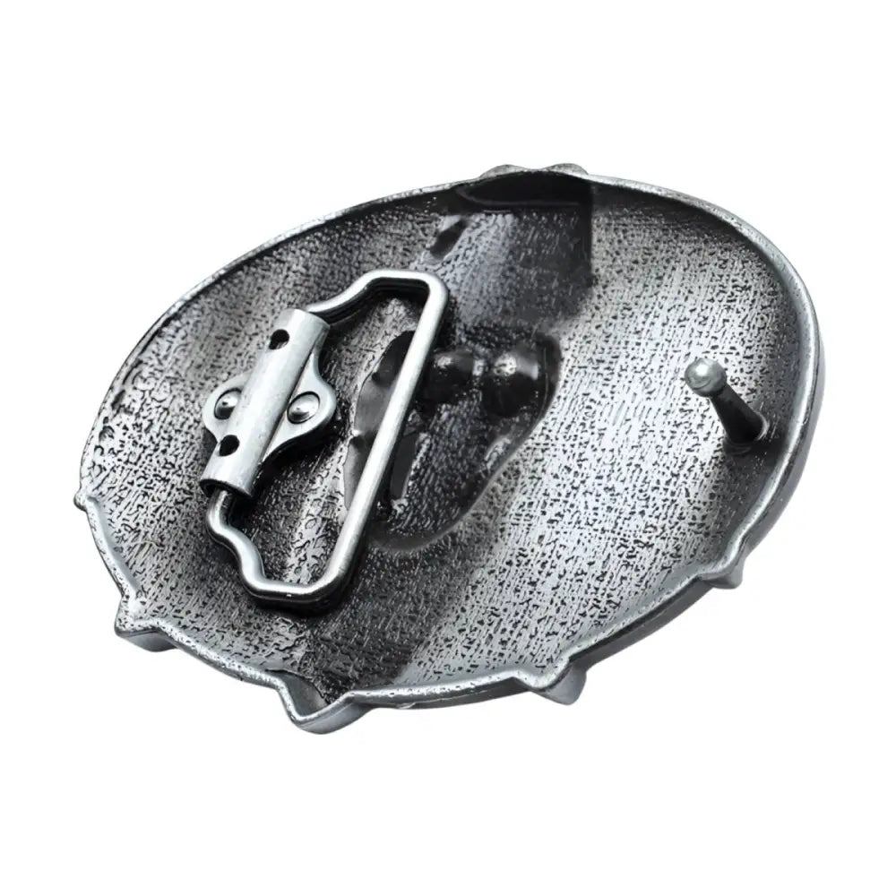 Silver belt buckle back featuring intricate Western Cowboy Skull design for accessories
